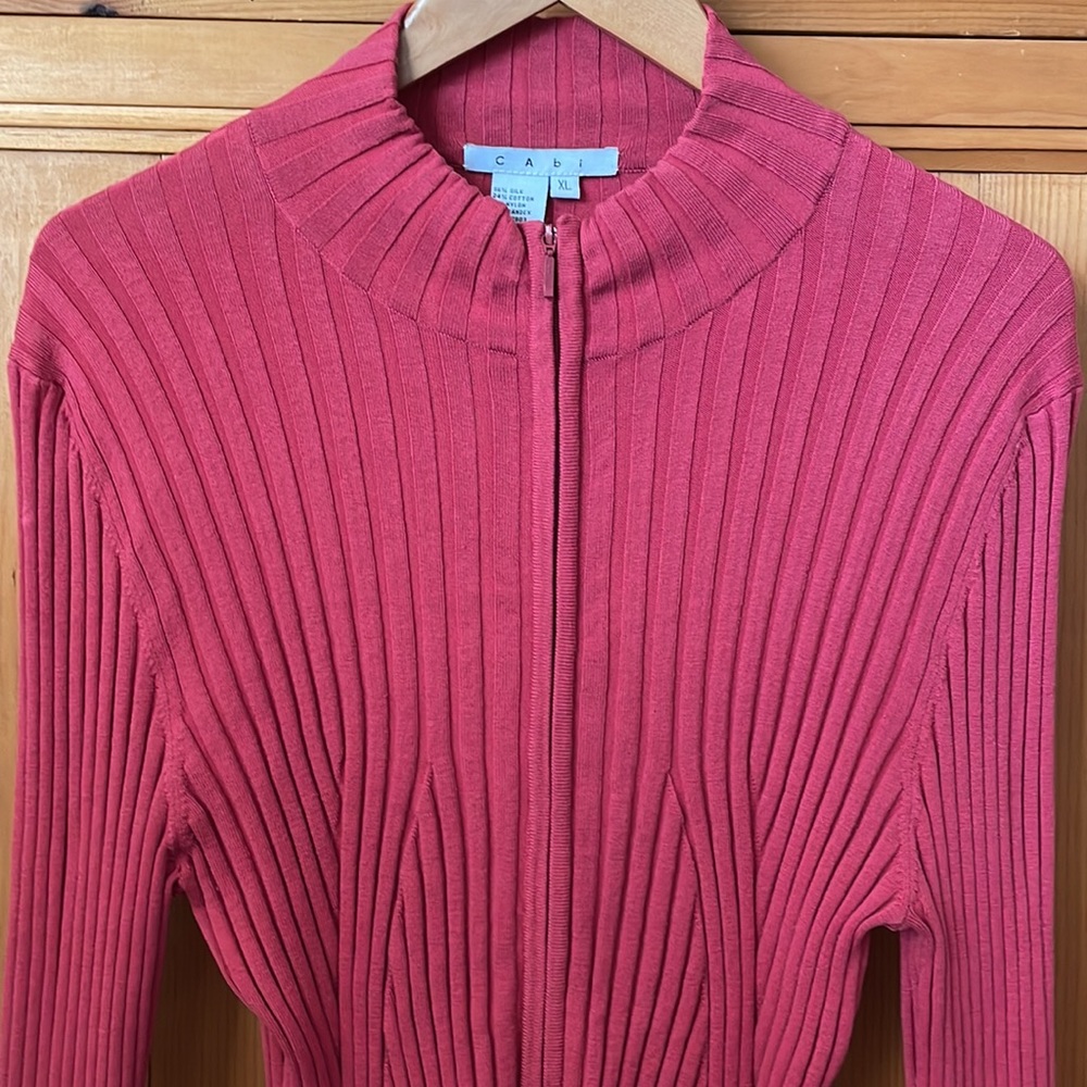 CAbi full front zip cardigan, long sleeve jersey knit top in lovely deep rose,XL